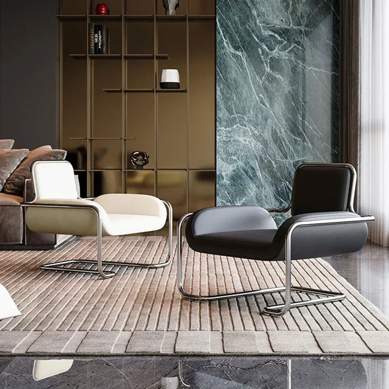 Nordischer Metall-Armlehnenstuhl mit Rückenlehne – Silla de salón individual de lujo de Leder &amp; Edelstahl, comodidad moderna 