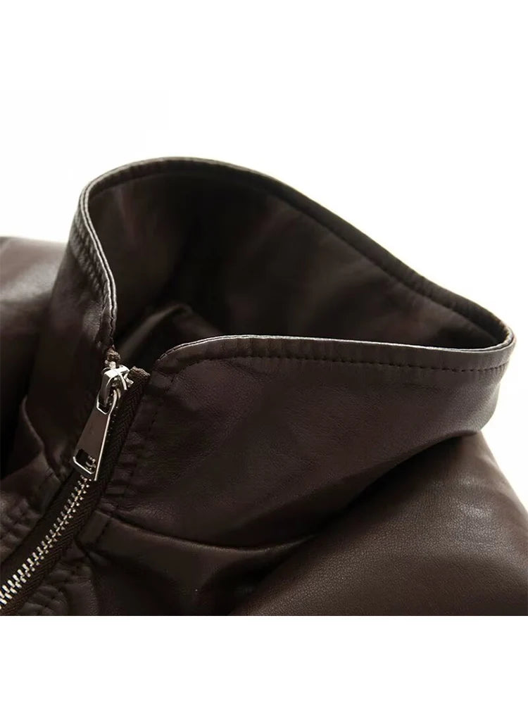 Damen PU Lederjacke Slim Fit – Vintage 2-in-1 Jacke mit Stehkragen, Reißverschluss & Puffärmeln für Herbst und Winter