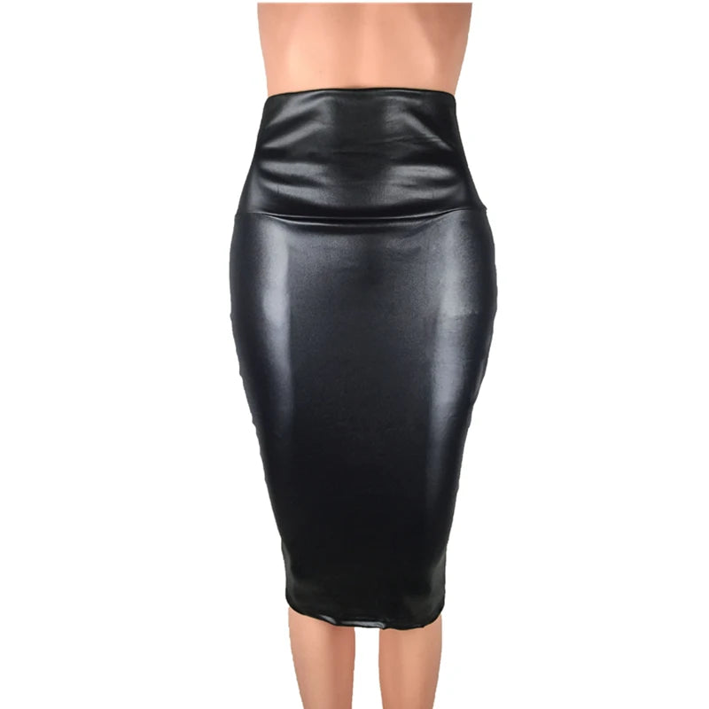 Damen Bleistiftrock aus Kunstleder mit Rückenschlitz – Eleganter High-Waist Pencil Skirt, knie­lang, Slim Fit für Office & Sommer