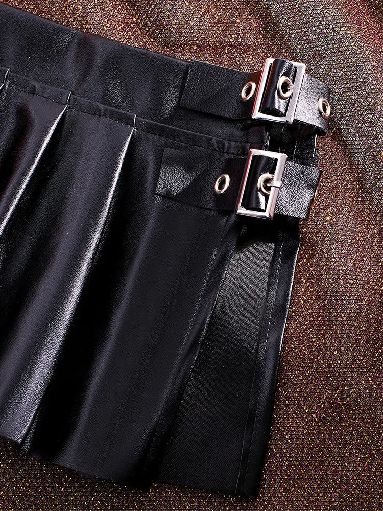 Damen PU Leder Falten-Minirock – Low-Waist Basic Rock mit seitlicher Öffnung, figurbetonter Club- & Night-Out Skirt