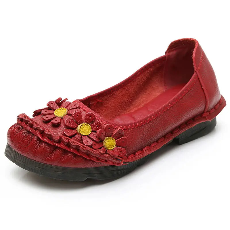 feerldi Damen Vintage Leder Flats WB-56 – Handgefertigte Blumen-Moccasins, Slip-On Ballerinas für Alltag und Freizeit, Lila Loafers in Größe 42