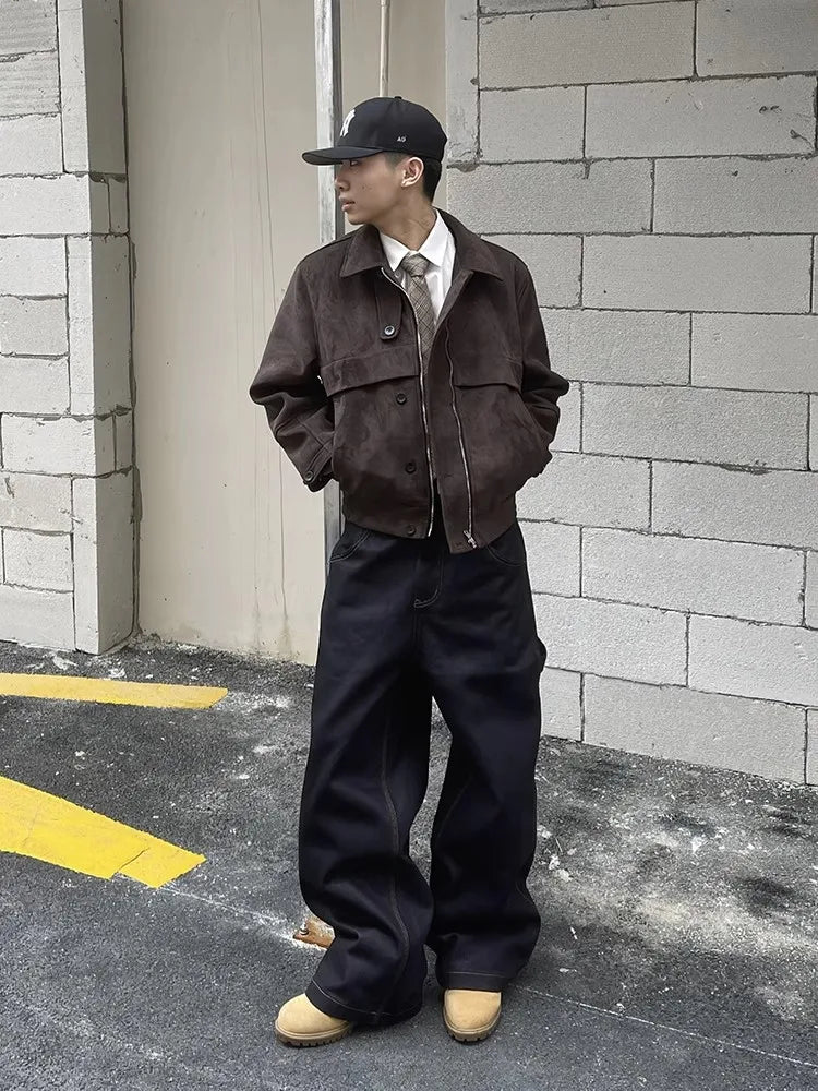 Mauroicardi Herren Faux Suede Lederjacke Braun – Kurze, weiche Designerjacke mit Umlegekragen & Reißverschluss für Frühling & Herbst