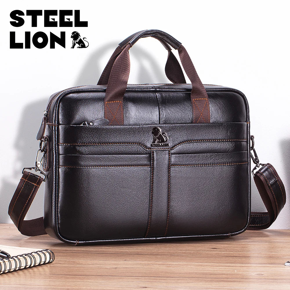 STEEL LION Herren Leder-Aktentasche – Große Business- und Laptop-Tasche aus Cowhide, Hand- und Schultertragbar
