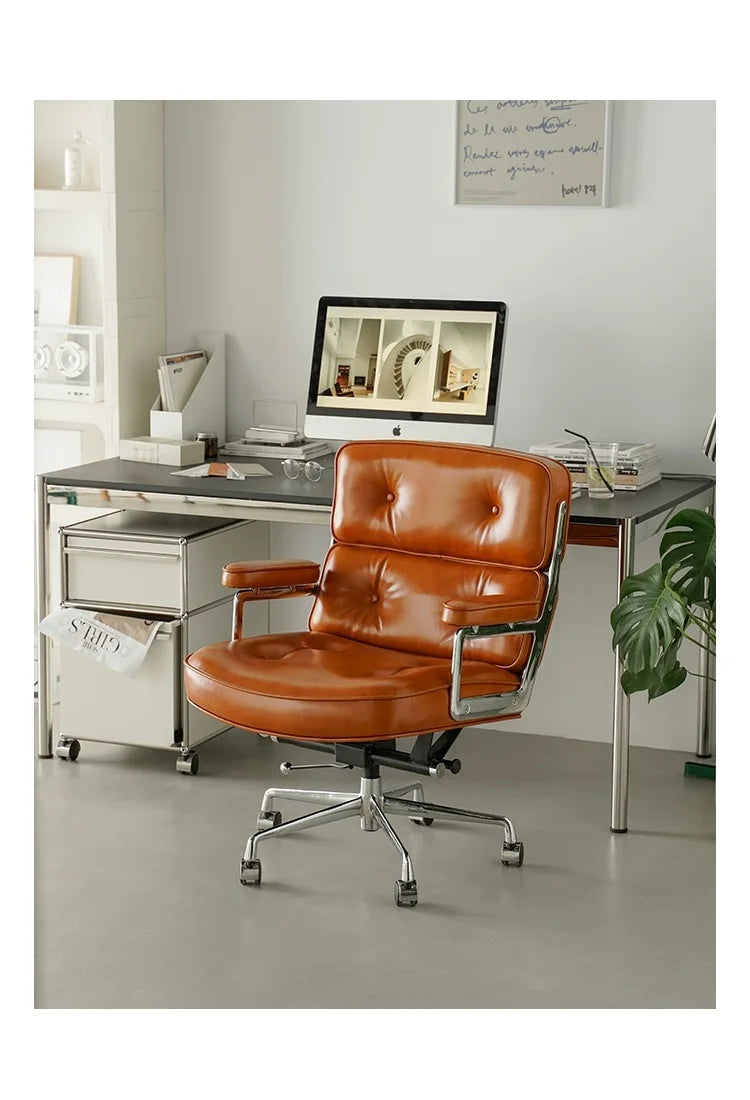 Eleganter Büro- & Lounge-Stuhl aus Echtleder – Drehbarer Office Chair mit Aluminiumgestell, Rollen & Gaslift für Büro & Arbeitszimmer