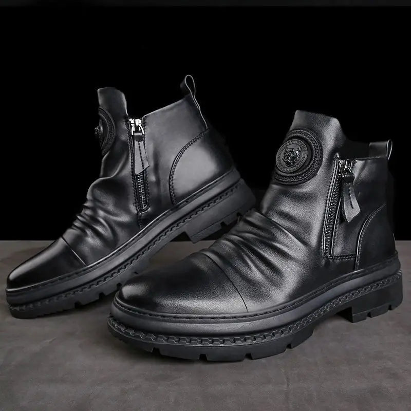 HAOBOYUEQ Herren Motorradstiefel – British Style High-Top PU-Leder Boots mit Rundzehe, Seitenreißverschluss & Plateau