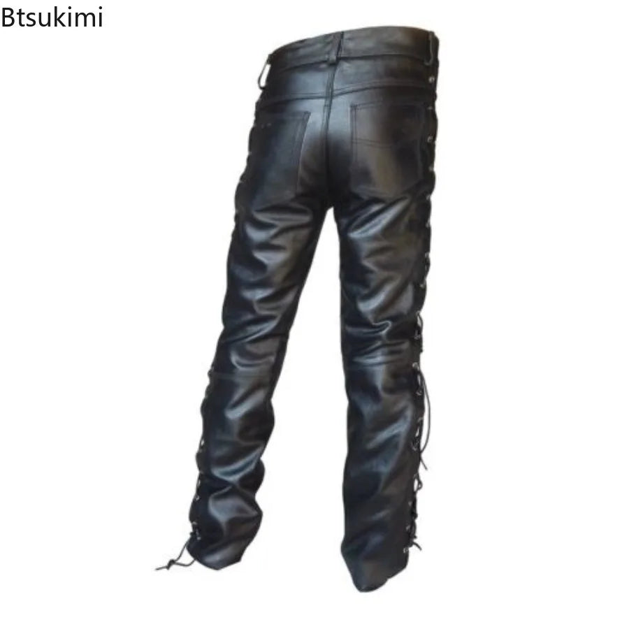 Herren Punk Lederhose aus PU – Schwarze Motorradhose mit seitlicher Schnürung, lockere Passform für Club, Freizeit & Biker-Style