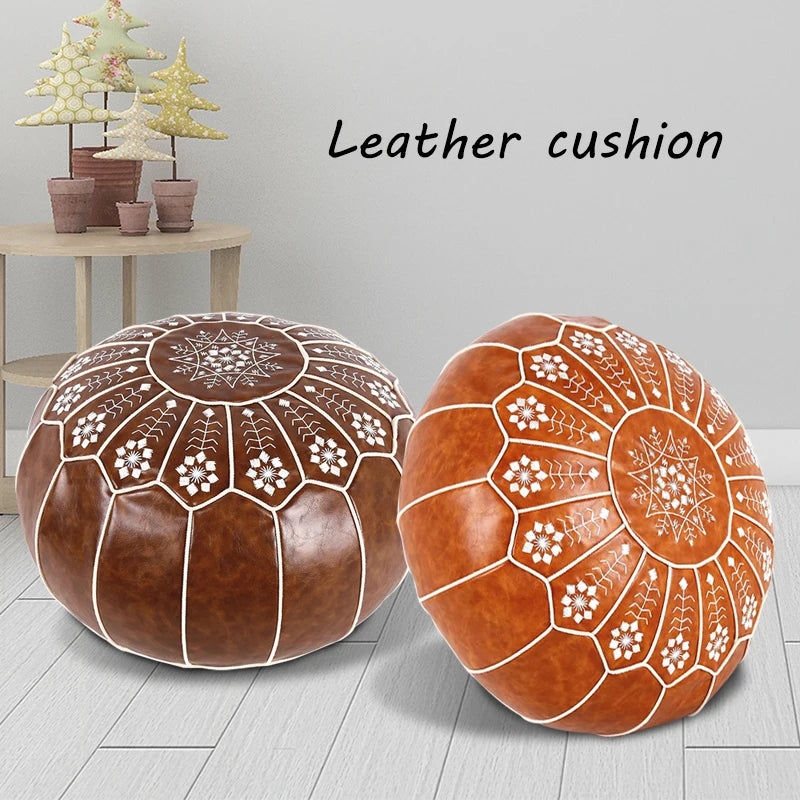 Marokkanischer PU Leder Pouf – Handgefertigter Ottoman & Fußhocker im mediterranen Stil, rund 50 cm, ungefüllt
