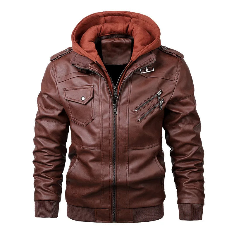 Herren Fake-Two PU Lederjacke mit Doppelreißverschluss – Warme Bikerjacke mit abnehmbarer Kapuze für Herbst & Winter