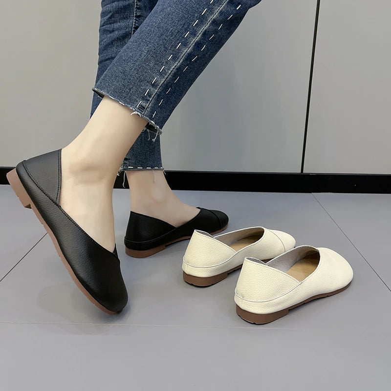 Damen Slip-On Leder Loafers – Frühling/Herbst Ballett-inspirierte Runde Zehen Flats, Bequeme Freizeitschuhe, Krankenschwester-Schuhe, Große Größen bis 43