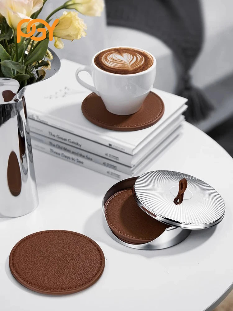 4er Set Luxus Leder Untersetzer mit Edelstahlbox – Premium Getränkeuntersetzer für Wohnraum, Bar & Büro