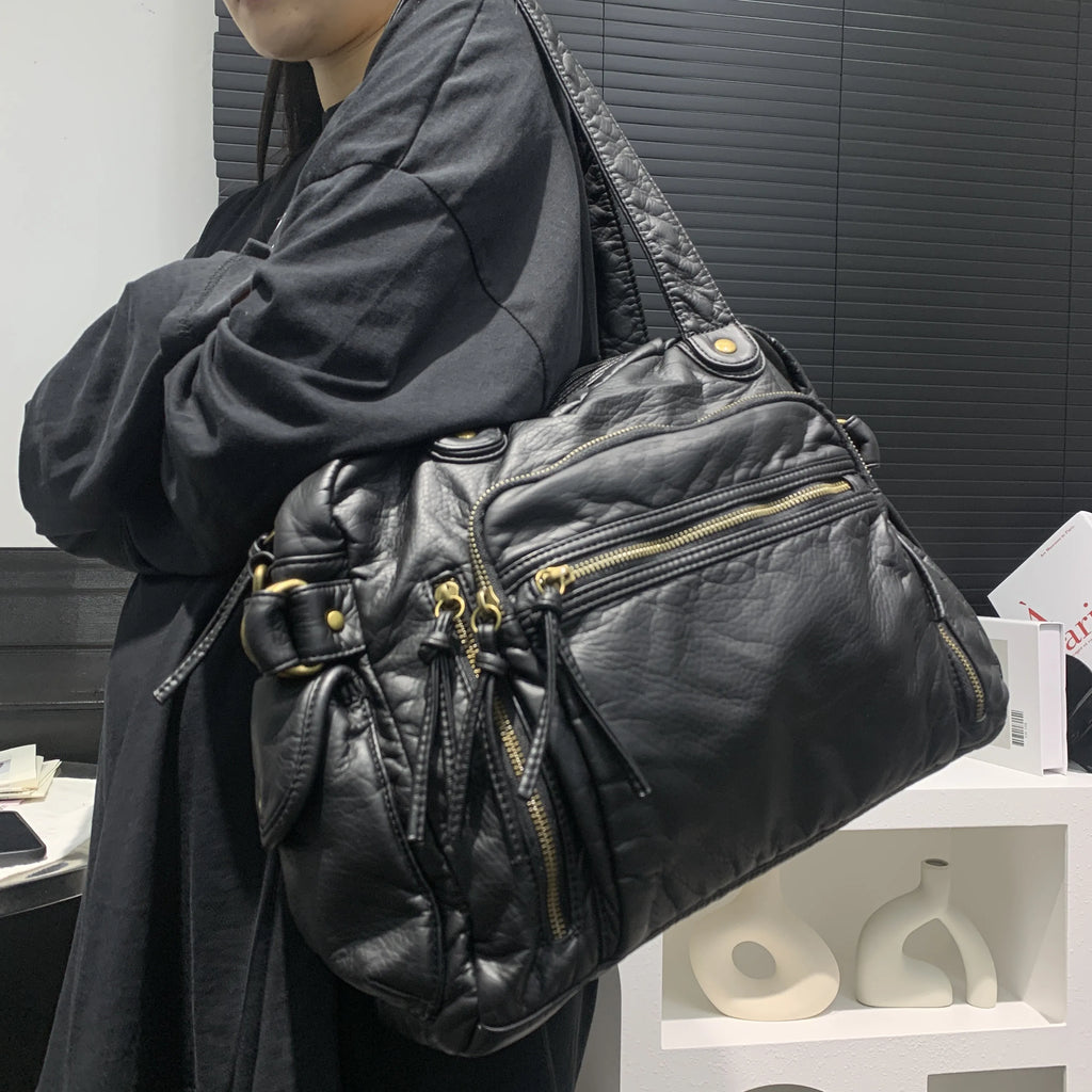 Sac fourre-tout rétro pour femme en cuir PU blanc – Grande pochette punk Y2K et bandoulière avec multi-poches