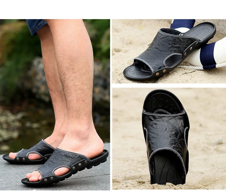 doefhom Herren Lederslipper 2025 – Sommerliche Casual Slides aus echtem Rindsleder, Strand- und Straßenschuhe, Größen für große Füße