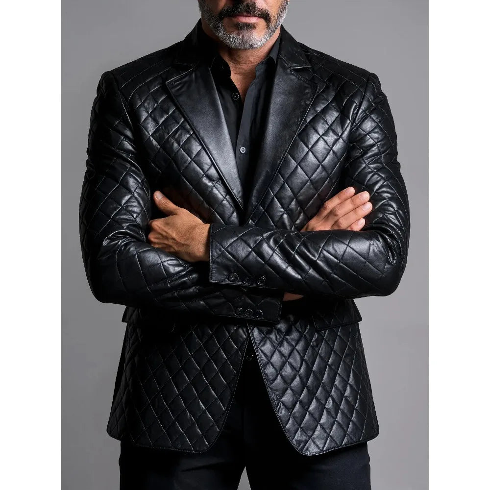 Herren PU-Leder Blazer mit Revers – Einreihige Business Jacke mit langen Ärmeln für Büro & Alltag, Herbst & Winter