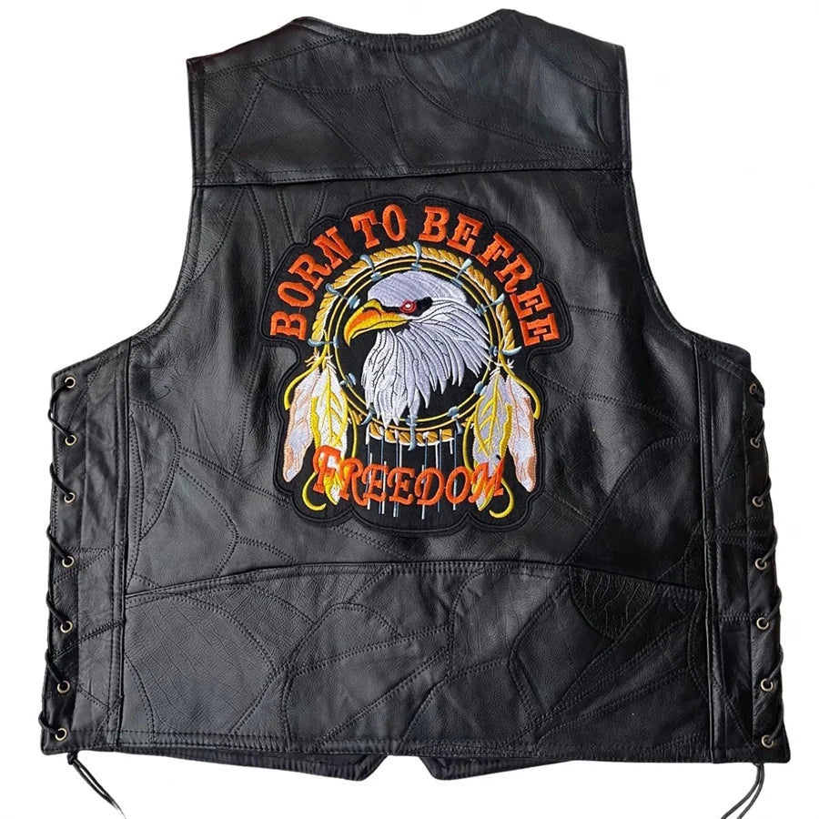 Herren Motorrad Lederweste – Single Breasted Biker Weste mit Stickerei, Ärmellose Punk Lederjacke für Herbst & Winter