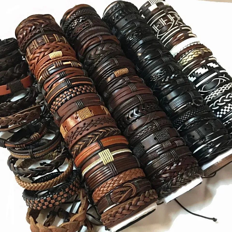 5er Set Vintage Lederarmbänder – Gemischte Charm Armbänder aus Leder, verstellbare Unisex Bangles für Damen & Herren