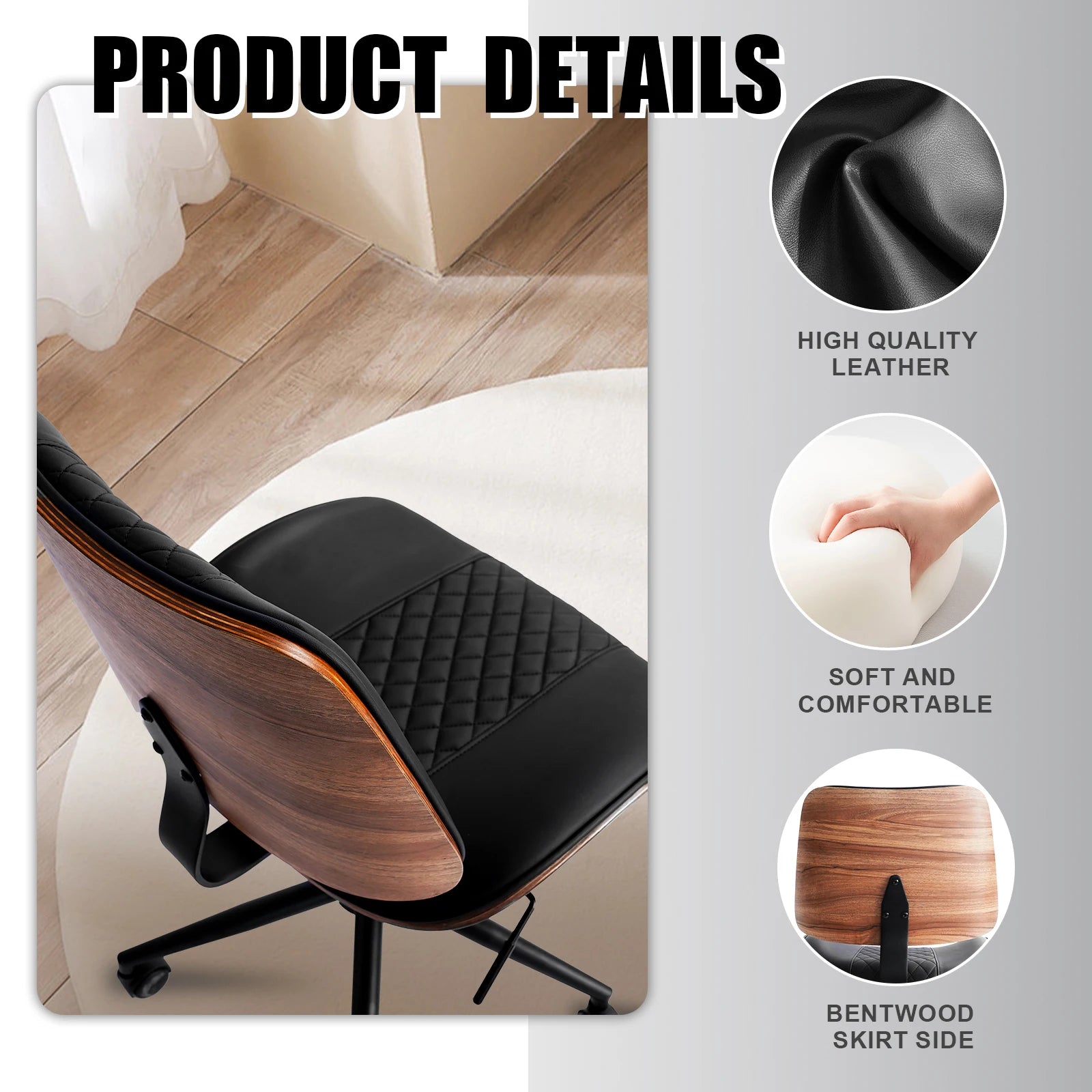 Durrafy Armloser Bürostuhl aus Leder – Moderner Schreibtischstuhl in Walnuss-Optik, höhenverstellbar & drehbar für Homeoffice