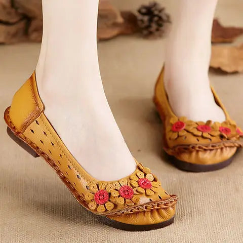 feerldi Damen Vintage Leder Flats WB-56 – Handgefertigte Blumen-Moccasins, Slip-On Ballerinas für Alltag und Freizeit, Lila Loafers in Größe 42