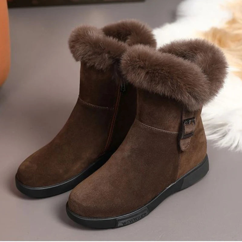Damen Winter Leder Snow Boots 2024 – Gefütterte Stiefeletten mit Plüsch, rutschfester Sohle & extra Komfort