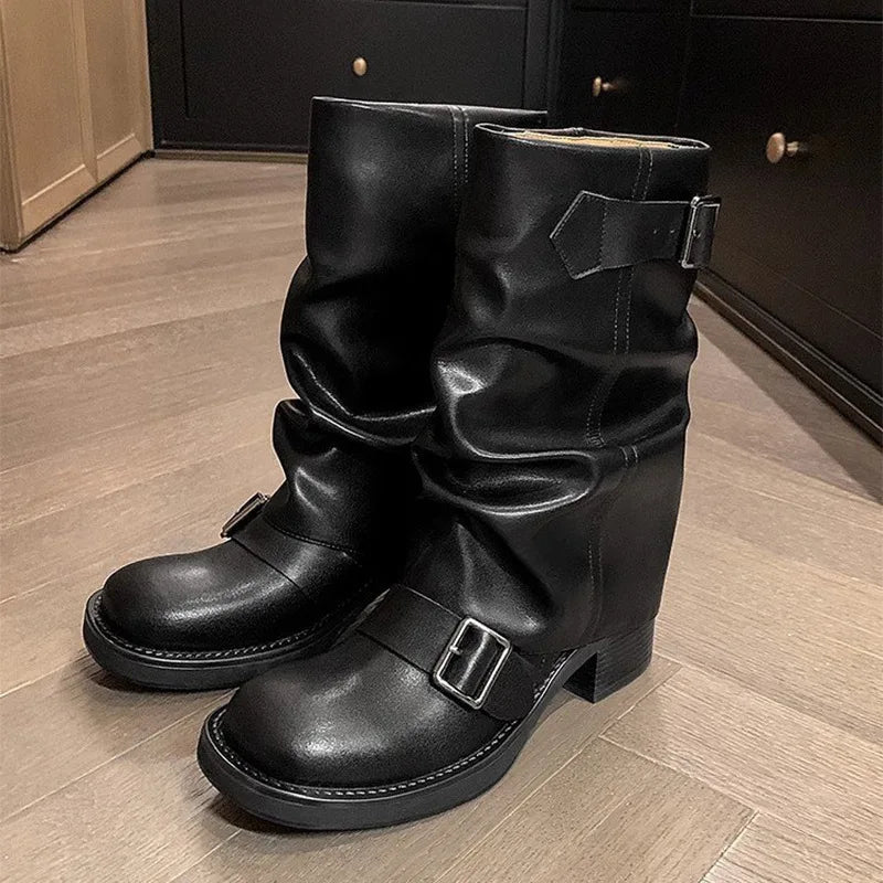 Luxuriöse Damen Biker Boots aus PU-Leder – Slip-On Mid-Calf Stiefel im Retro-Stil mit Blockabsatz & Schnallendetail
