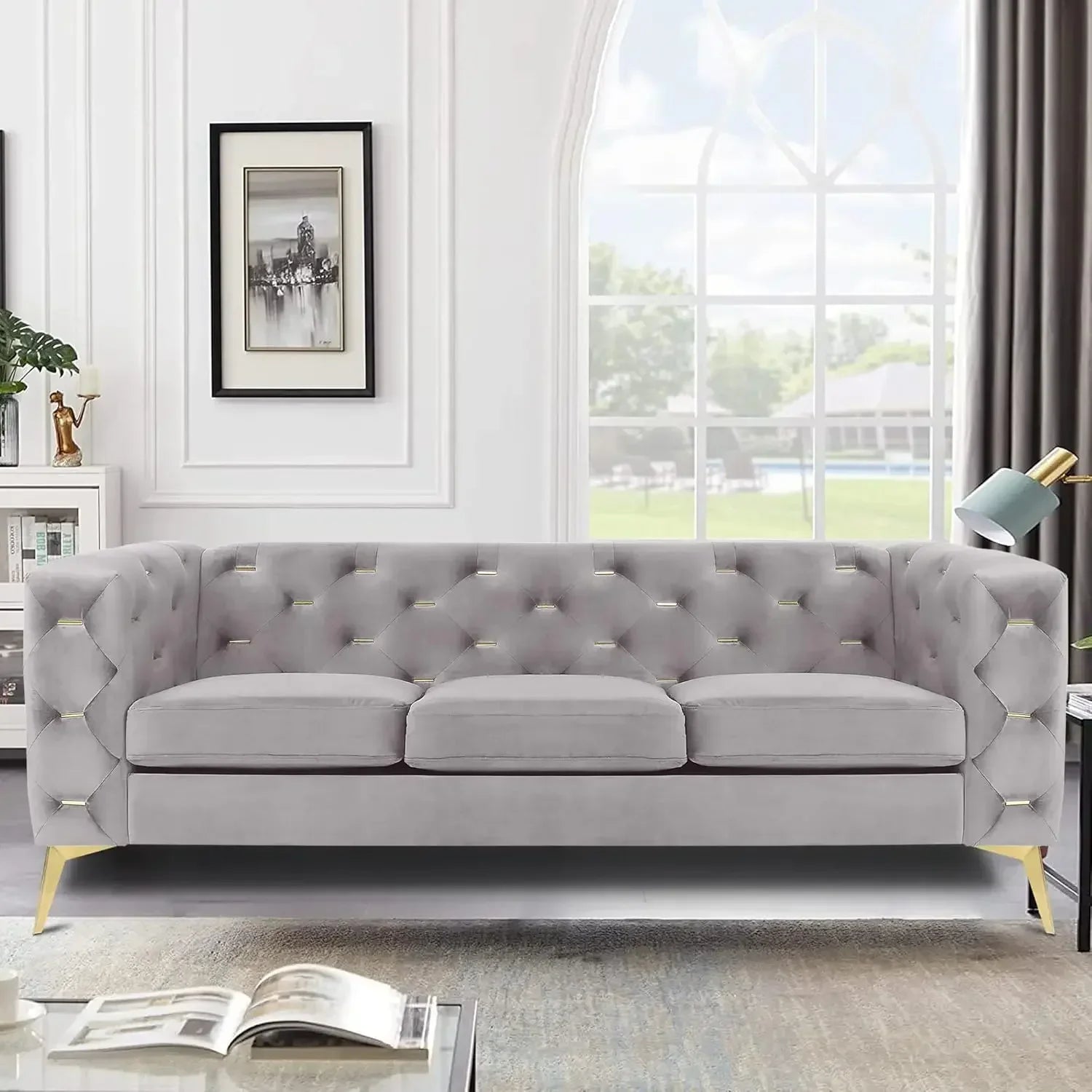 Mid-Century Chesterfield Sofa aus Kunstleder – Moderner 3-Sitzer Ledersofa mit gepolsterten Sitzkissen & stabilem Holzrahmen