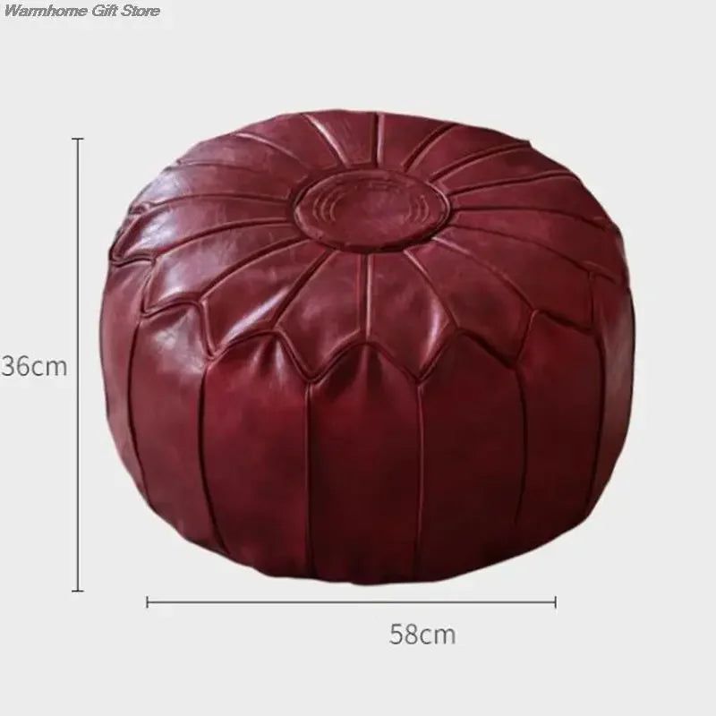Marokkanischer PU Leder Pouf 58 cm – Handgefertigtes Meditationskissen & Ottoman mit Stickerei, rund, ungefüllt