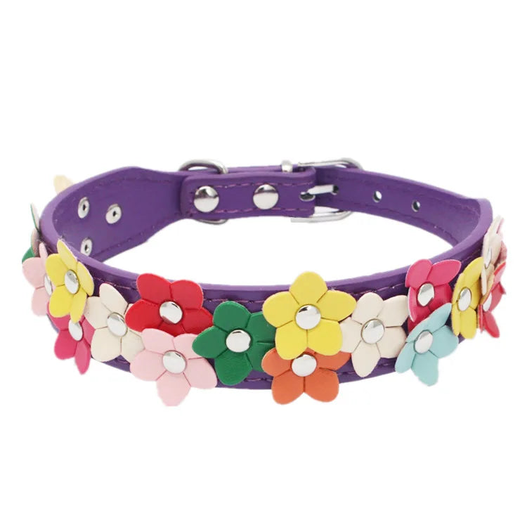 Buntes Blumen Hunde-Halsband aus Leder – Doppelreihiges Flower Pet Collar mit Schnalle für Welpen & kleine Hunde
