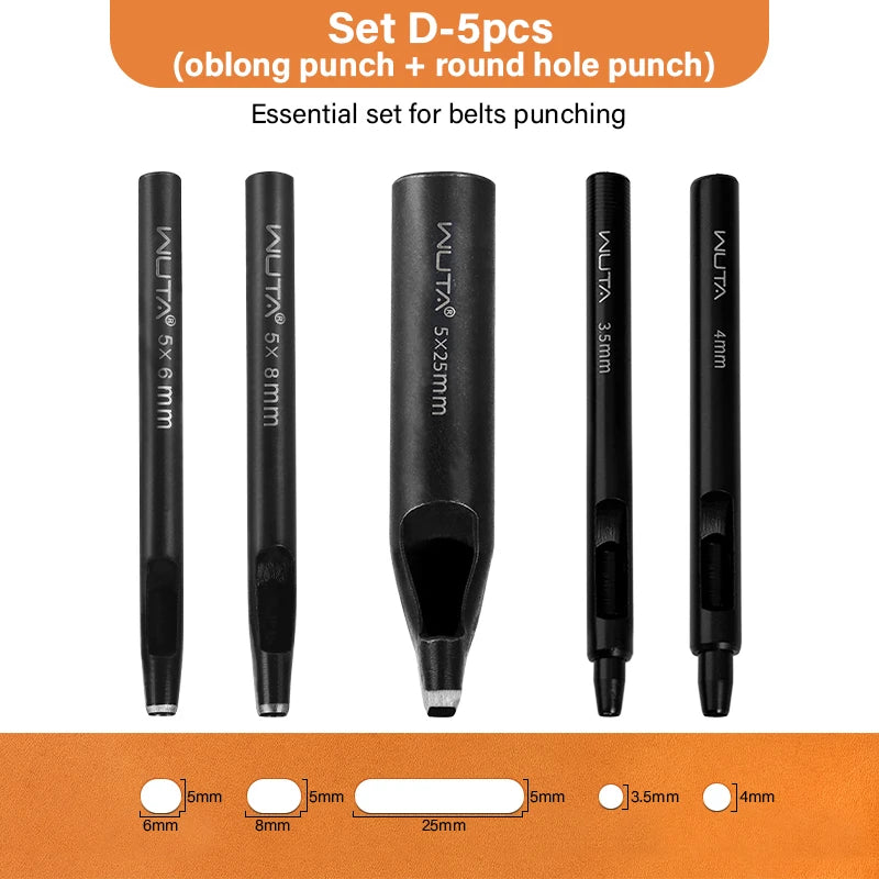 WUTA Basic Series Langloch Lederstanzer Set (3–7 tlg.) – Ovale Lochpfeifen aus Carbonstahl für Gürtel, Uhrenarmbänder & Lederarbeiten