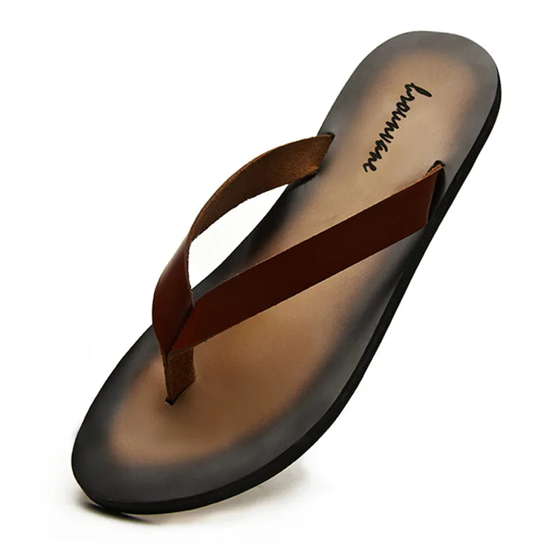ZXQ Herren Luxus Leder Flip-Flops – Echtes Rindsleder, Sommer Beach Sandalen, Stilvolle Casual Slipper für Männer
