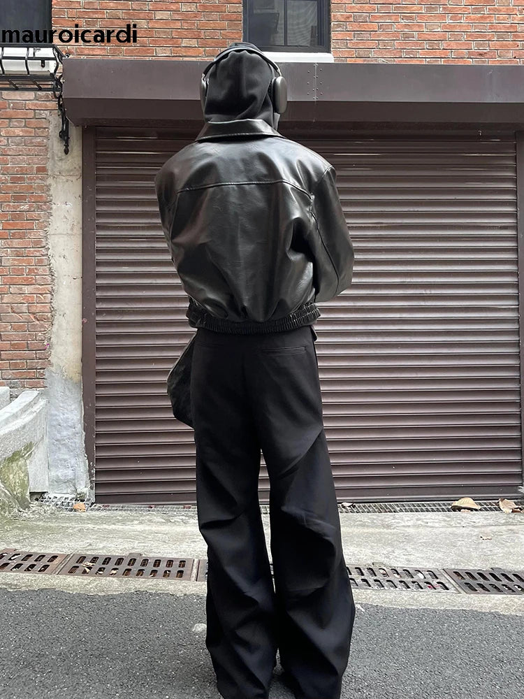 Herren PU-Lederjacke Oversized – Kurze schwarze Designer Jacke mit Reißverschluss, American Vintage Style für Frühling & Herbst