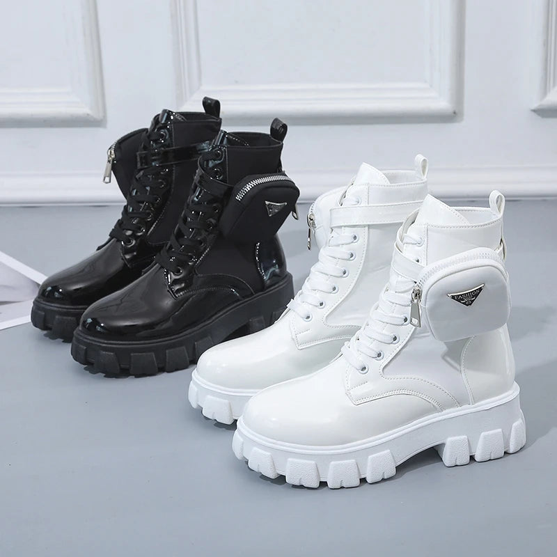 Damen Motorrad Boots im Punk-Stil – Bottines minimalistes avec plateforme, design et design Mary-Jane