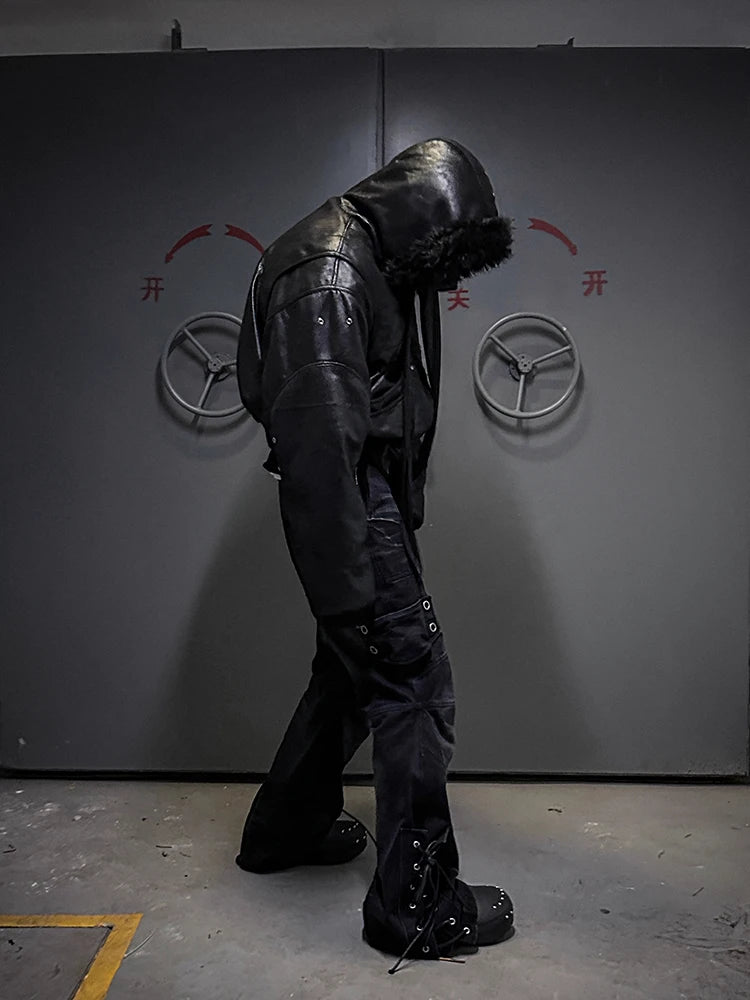 Herren Oversize PU-Lederjacke mit Kunstfell-Kapuze – Chaqueta de diseñador Kurze High-Street, cálida y lujosa para hierbas e invierno