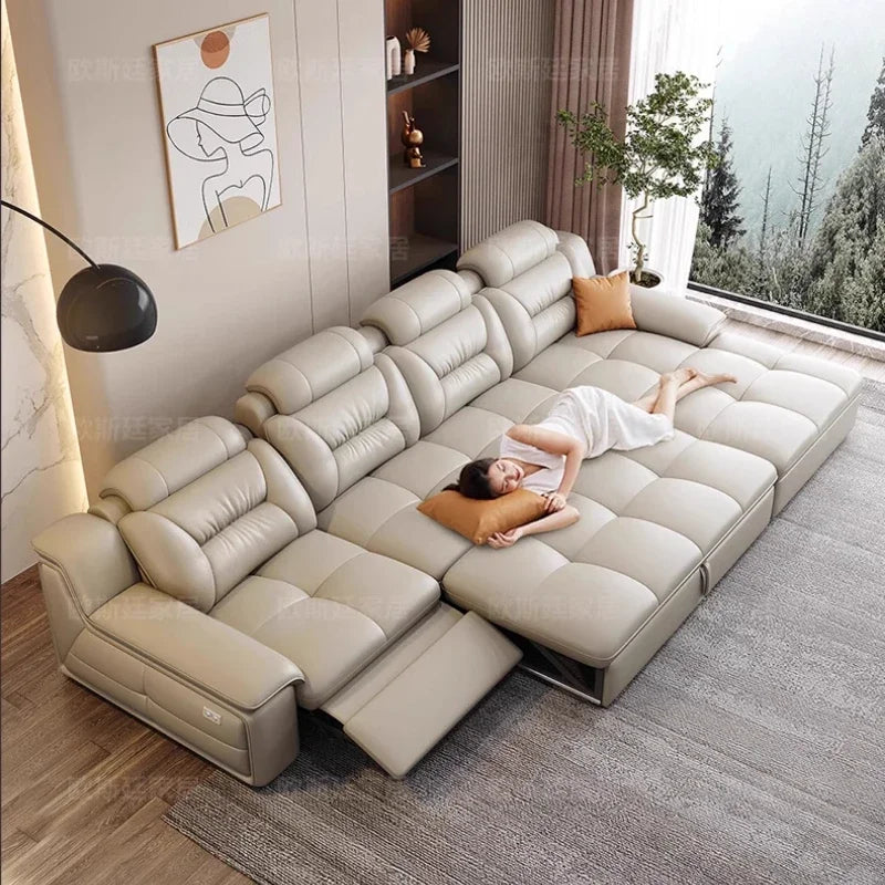 Italienisches Luxus Leder-Ecksofa mit Relaxfunktion – L-Form Wohnlandschaft aus Rindsleder, mit Schlaffunktion und Stauraum