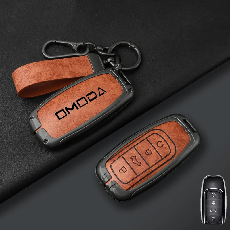 Premium Leder-Metall Autoschlüssel Hülle für Chery Omoda – Key Case Cover für Omoda C5, E5, C9, Omoda 5 & 9 (EV & PHEV 2024–2025)