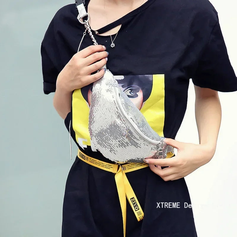 MOONBIFFY Damen Glitzer Fanny Pack – Glänzende Bauchtasche & Schultertasche aus PU-Leder, Trendige Reisetasche