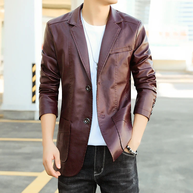 Herren PU Lederblazer mit Revers – Slim Fit Smart-Casual Jacke in Schwarz & Blau für Business, Party & Herbst