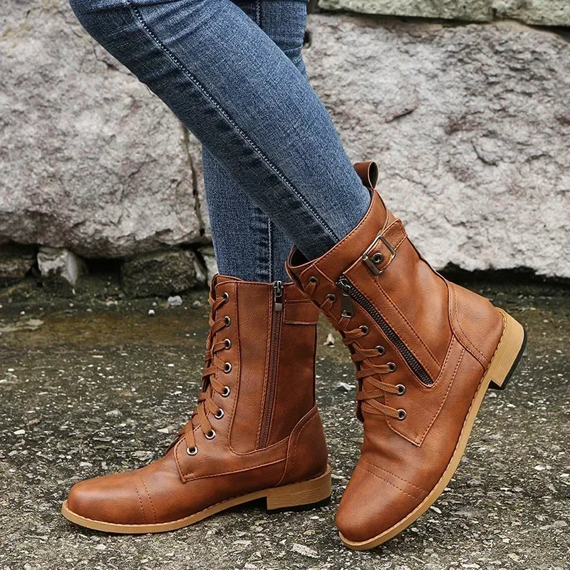Damen Ankle Boots mit Blockabsatz – PU Leder Stiefeletten mit Schnürung & Reißverschluss, bequeme Herbst-Winter Arbeitsschuhe in großen Größen