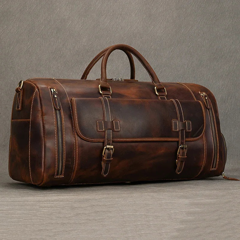 QINGWU Bolsas de cuero grandes para hombres – Vintage Weekender aus echtem Crazy Horse Rindsleder mit Schuhfach 