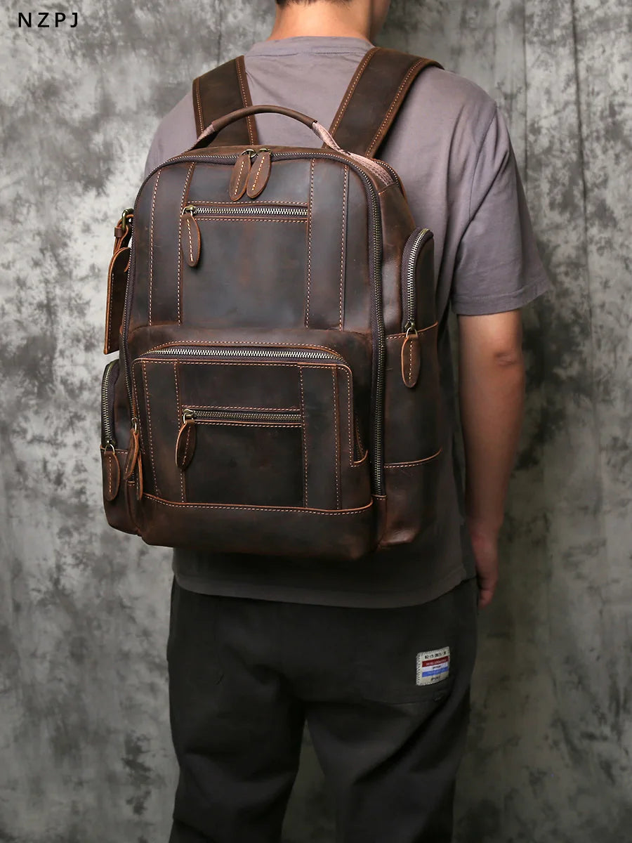 NZPJ Retro Herren Leder Rucksack aus echtem Rindsleder – Großer Vintage Laptop- & Reiserucksack aus Crazy Horse Leder