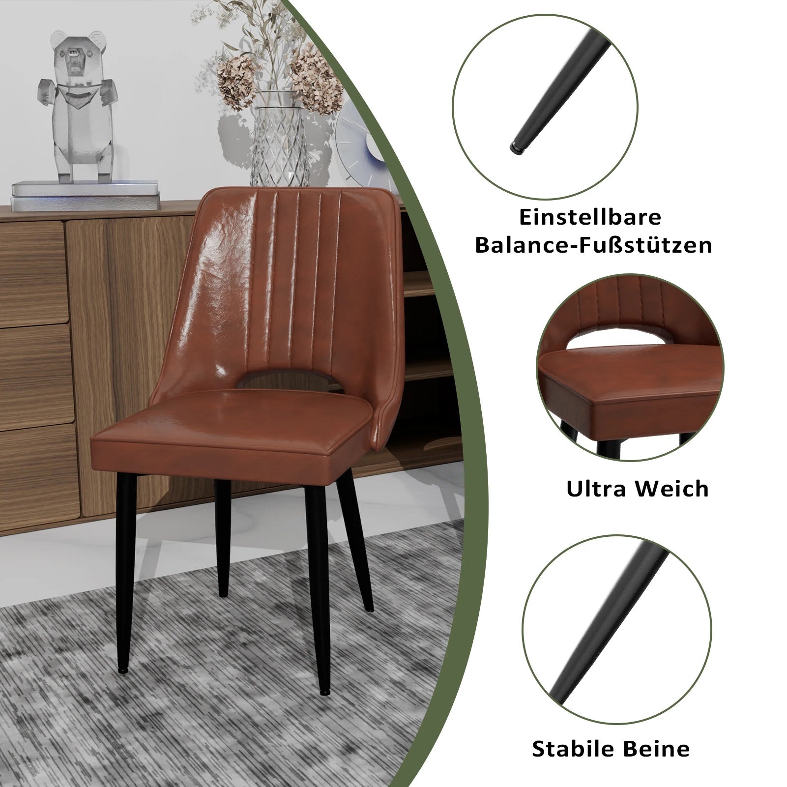 Set aus 2 modernen Esszimmerstühlen aus Kunstleder – Gepolsterte Dining Chairs mit hoher Rückenlehne & Metallbeinen für Küche & Esszimmer