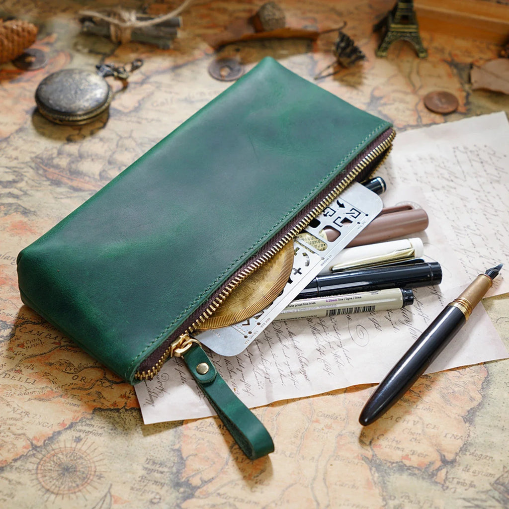 Echtes Leder Stifteetui mit Reißverschluss – Estuche grande para bolígrafos, revistas y bolígrafos