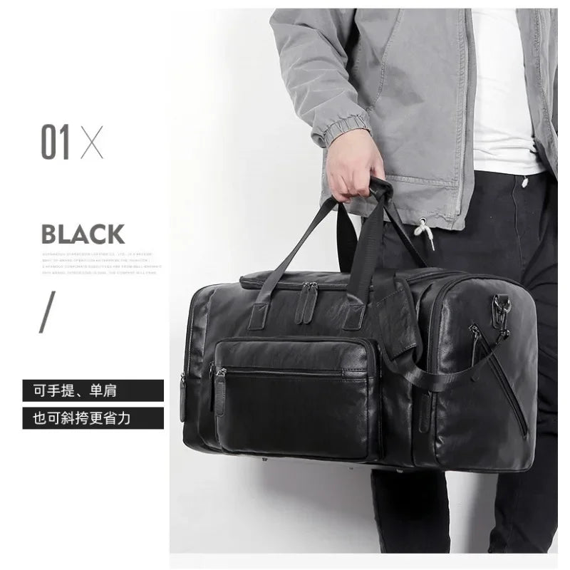 Grand sac de voyage pour hommes en cuir PU blanc – Sac de voyage élégant pour affaires et week-end avec gourde de protection, noir/braun