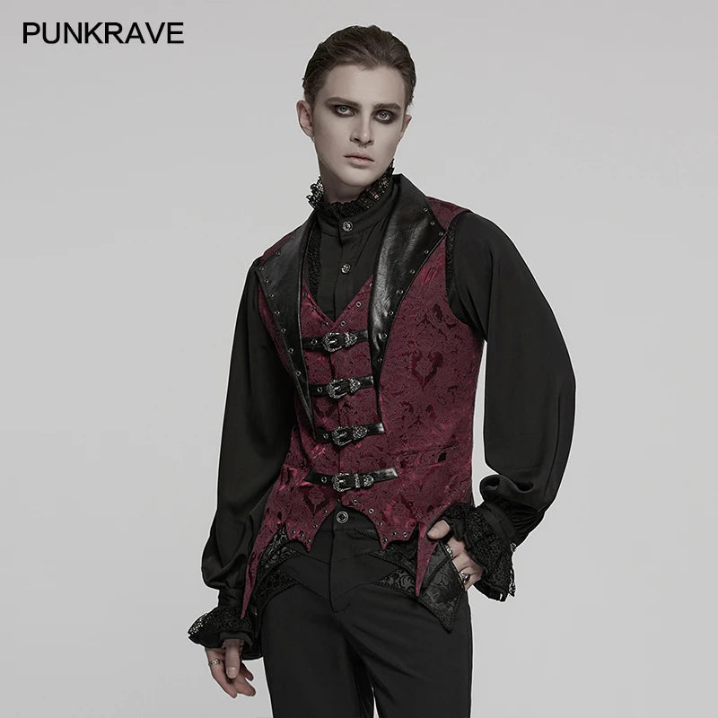 PUNK RAVE Herren Gothic Lederweste – Jacquard Lapel Waistcoat mit Fledermaus-Saum, Edle Slim Fit Weste für Party & Dark Fashion
