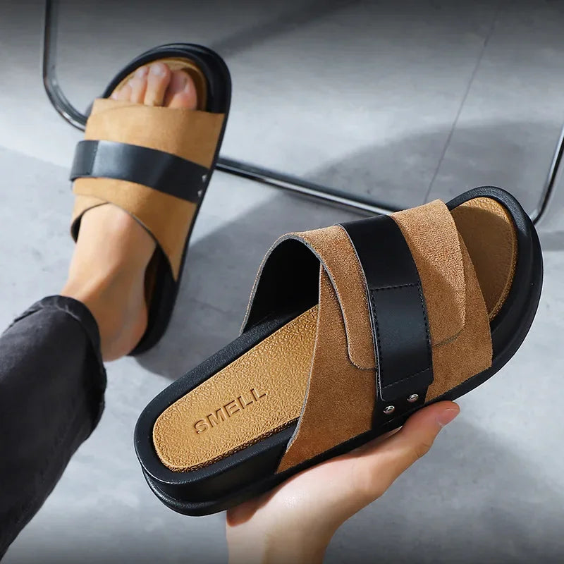 YBQJOO Herren Lederslipper 2023 – Sommerliche Outdoor-Slides, Dicksohlige Casual Sandalen, Bequeme Business- & Freizeit-Hausschuhe