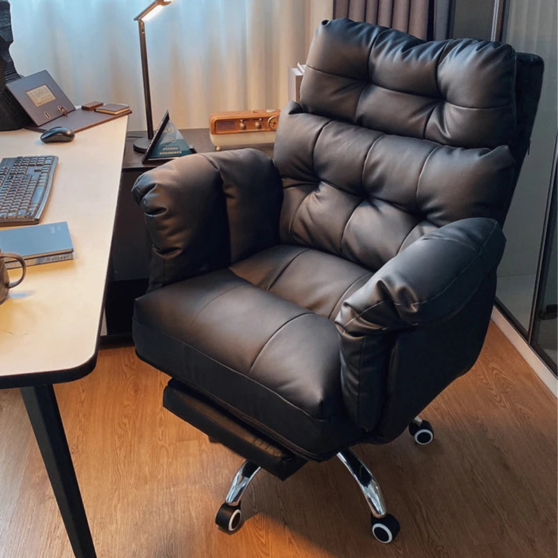 Ergonomischer Relax-Bürostuhl aus Echtleder mit Fußstütze – Verstellbarer Lazy Office Chair mit Liegefunktion, Rollen & Drehmechanik für Homeoffice & Schlafzimmer