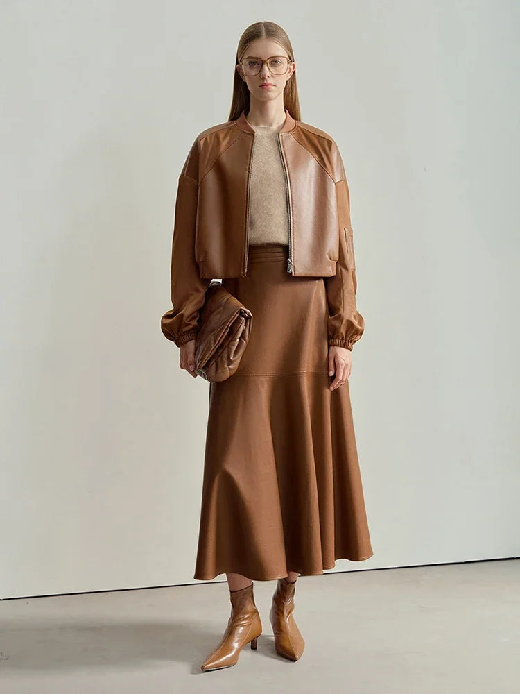 Damen PU Leder Midirock in A-Linie – Eleganter, minimalistischer Winterrock mit lockerer Passform, stilvoller Office- & Commuter-Rock