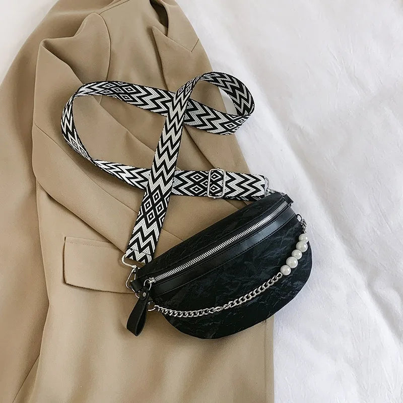 Talkingabao Damen Luxus Fanny Pack – Beaded Chain Waist Bag aus PU-Leder, Elegante Crossbody & Chest Bag 2024