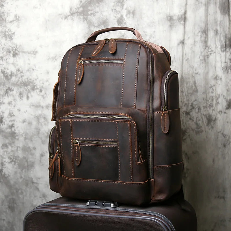NZPJ Retro Herren Leder Rucksack aus echtem Rindsleder – Großer Vintage Laptop- & Reiserucksack aus Crazy Horse Leder