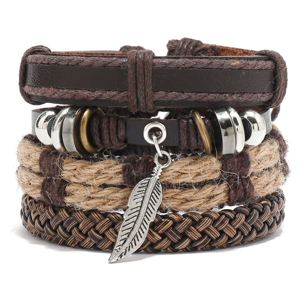 Boho Lederarmband für Herren – Handgeflochtenes Armband mit Holzperlen & Kokosschale, verstellbares Ethno Charm Armband