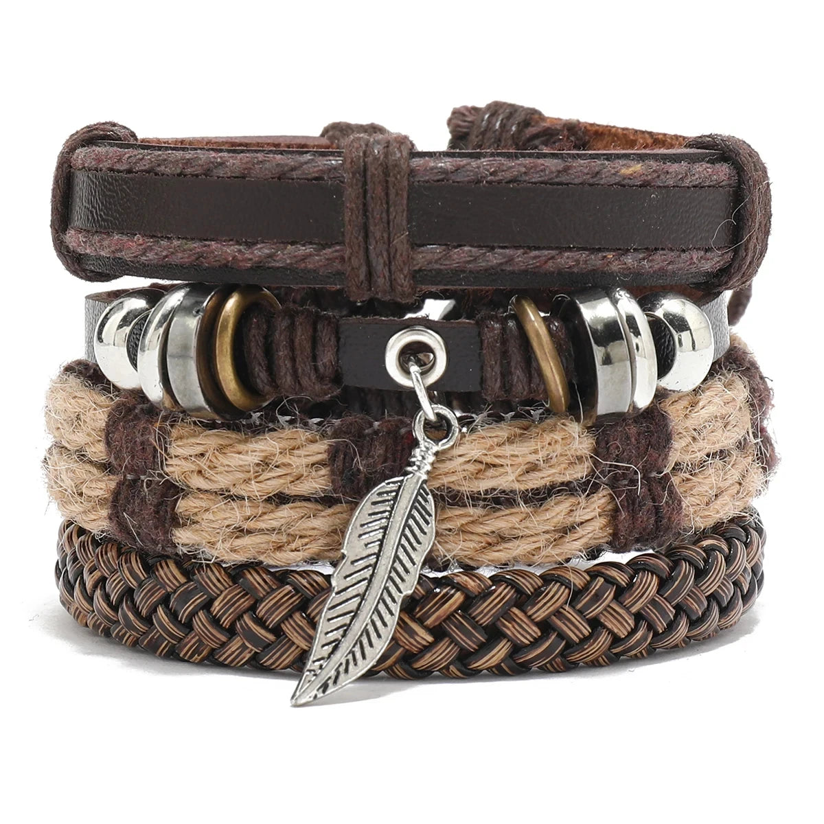 Boho Lederarmband für Herren – Handgeflochtenes Armband mit Holzperlen & Kokosschale, verstellbares Ethno Charm Armband
