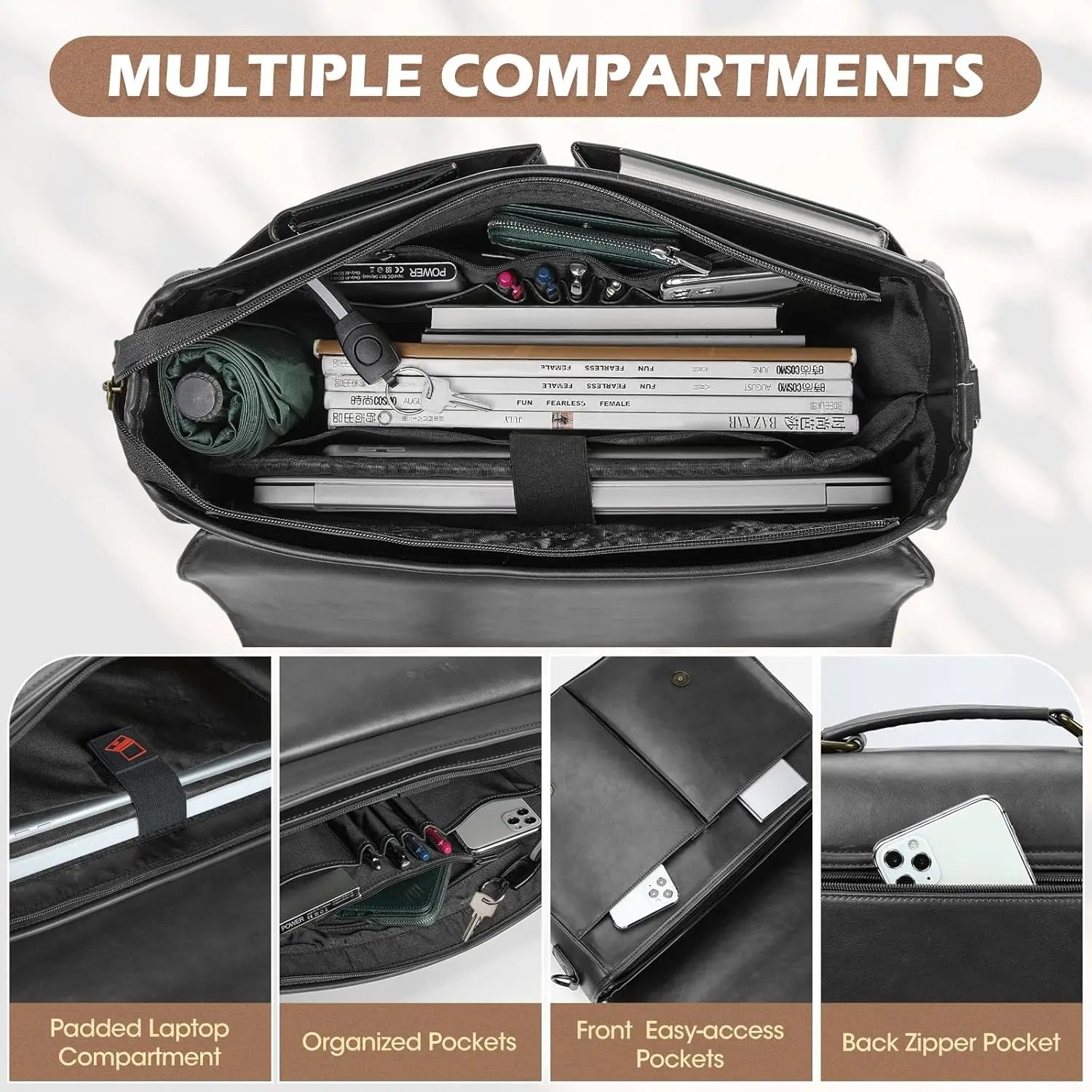 RAINSMORE Herren Messenger Bag – Wasserfeste PU-Leder Aktentasche & Laptop-Tasche, Große Kapazität, Vintage Business Satchel